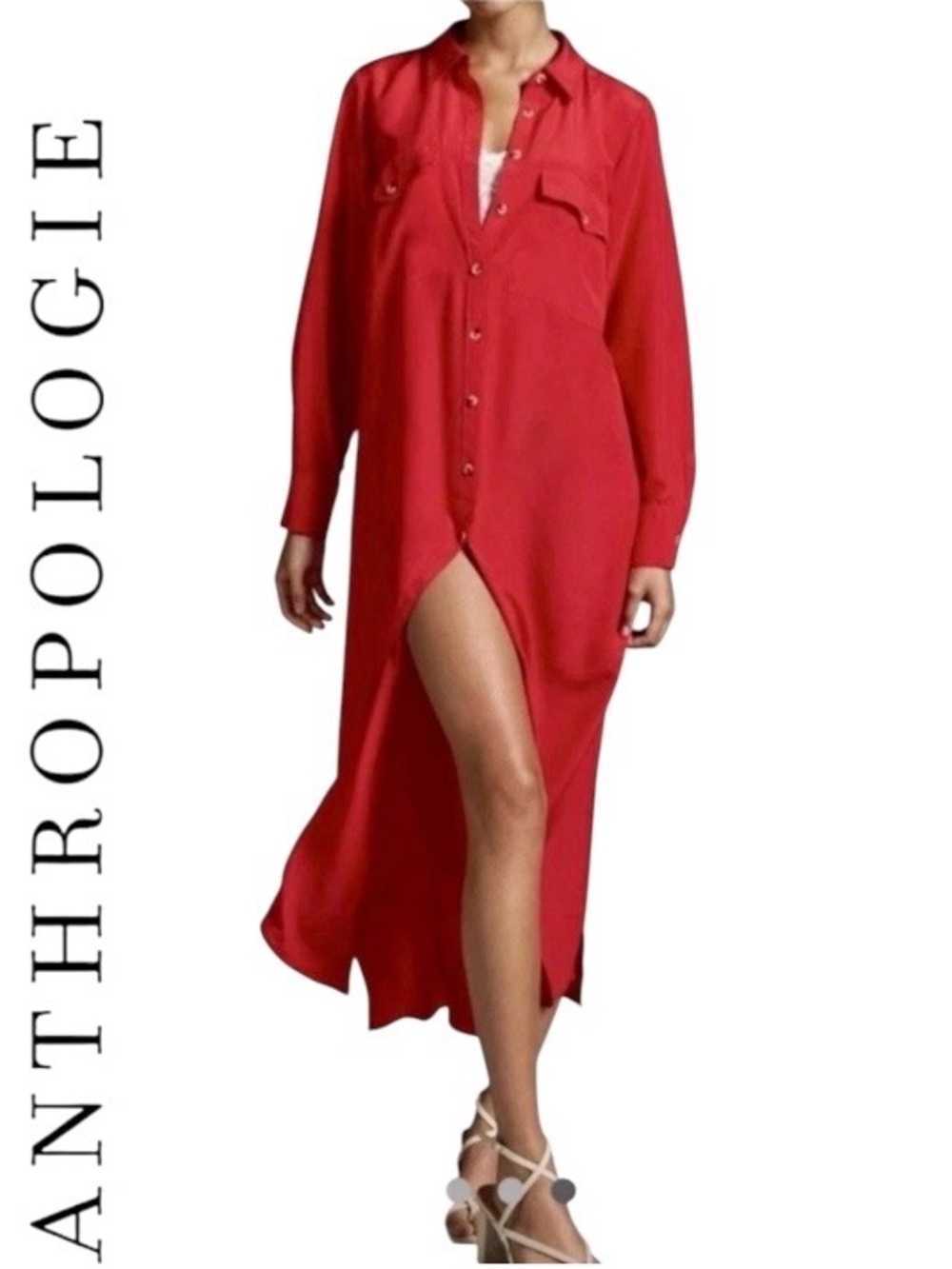 Anthropologie Long Sleeve Silk Button-Front Maxi Shirt Dress Size Large NWT